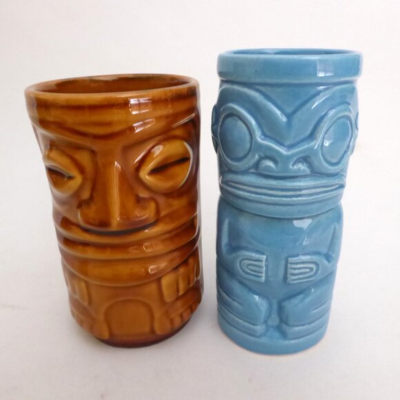 NEW VINTAGE MAORI MOAI TOTEM BLUE & BROWN CERAMIC TIKI MUG & SHOT LOT OF 4 - Picture 2 of 11